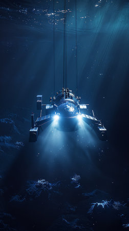 Underwater exploration vehicle illuminating the dark, mysterious ocean depths, surrounded by marine terrainの素材