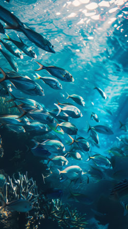 A large school of silver fish shimmers in a shaft of sunlight filtering through the blue ocean waterの素材