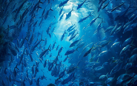 A colorful and bustling underwater scene with schools of tropical fish swimming among sunlit coral reefsの素材