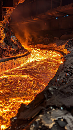 A riveting perspective of molten metal flowing like a river through an industrial landscape, glowing with an intense heatの素材