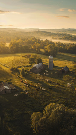 Early morning light reveals a pastoral farm scene, enveloped in mist with cows grazing in the foregroundの素材