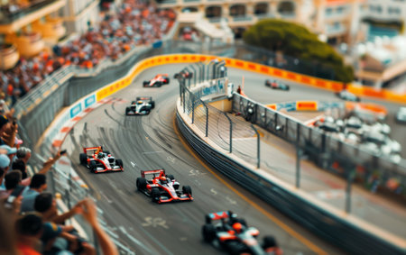A tilt-shift lens effect gives a miniature look to racing cars speeding around a curvy circuit trackの素材