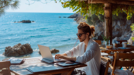 Casual work-from-home environment set against a captivating beach scene, symbolizing remote work freedomの素材