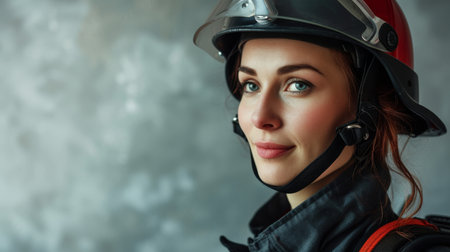 Youthful female firefighter wearing a red helmet and black uniform, displaying alertness and professionalismの素材