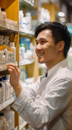 A young male pharmacist with black hair and a white coat smiles while sorting medication on the shelves of a modern pharmacyの素材