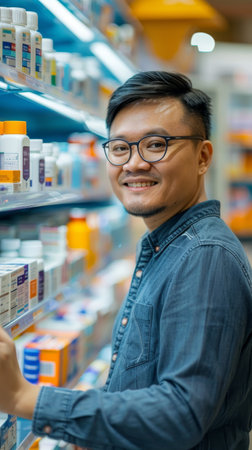 Smiling male pharmacist in casual attire organizes medication on a pharmacy shelf, offering a friendly and approachable healthcare environmentの素材