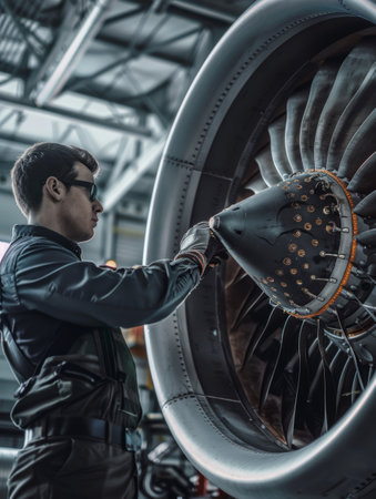 An aviation mechanic in a dark uniform and safety glasses is engaged in a thorough check of a jet engine's components in a hangarの素材