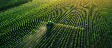 Tractor spraying pesticides over a vast field of crops, captured from an aerial perspective during golden hour, highlighting agricultural practicesの素材