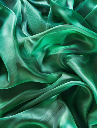 Luxurious emerald green satin fabric with sumptuous folds and waves, exhibiting a rich sheen and fluid drapeの素材