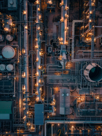 A mesmerizing nighttime aerial shot capturing the intricate details and warm lighting of an industrial plant's labyrinth of pipes and machineryの素材
