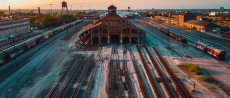 Overgrown greenery takes over an abandoned industrial railway yard, highlighting nature's reclamation amidst decaying tracks and buildingsの素材