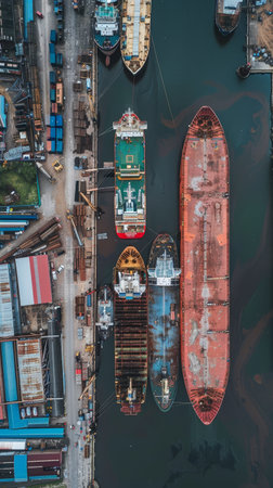 A vertical aerial view of industrial ships and cargo containers in a harbor, revealing the interconnectedness of global shipping and industryの素材