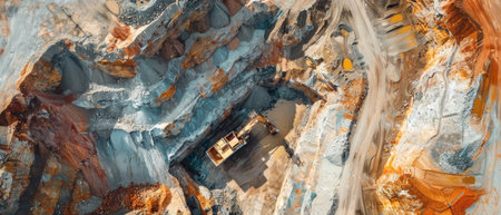 An excavator stands prominently in the midst of the multicolored layers of an expansive mine pitの素材