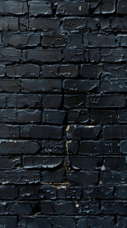 Vertical image of a black brick wall with faded and chipped paint, conveying a sense of urban decayの素材