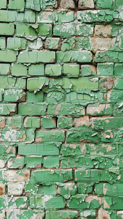 Deep green paint covers this heavily distressed brick wall, with extensive cracking, chipping and peeling revealing the underlying brickwork beneathの素材