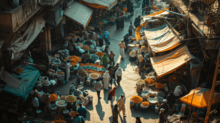 Overhead view of a bustling market scene, warm tones enveloping the crowded streetの素材