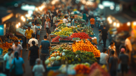 Vibrant street market bursting with color, offering a rich selection of fresh fruits and vegetables as locals mingleの素材
