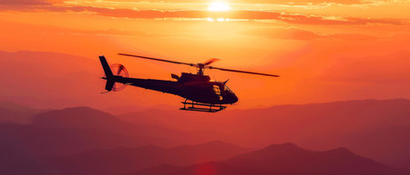 A helicopter in flight is silhouetted against a breathtaking sunset, showcasing the beauty of aviation and nature's backdropの素材