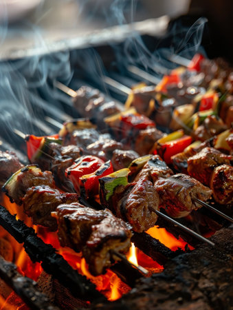Succulent skewers with glistening meat and veggies cooked over a fiery barbecue, full of flavorの素材