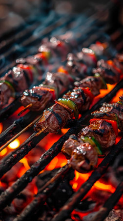 A close-up on the rich textures and vibrant colors of skewers over the grill, with smoke wafting through the airの素材