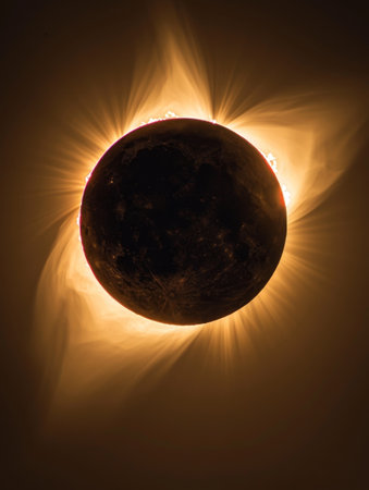 A majestic solar halo surrounds the darkened moon, a powerful reminder of celestial events and their splendorの素材