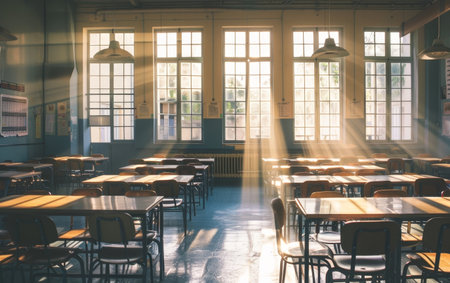 Golden sunlight streams through large windows, casting a warm glow and long shadows over an empty classroom filled with wooden desks and chairsの素材