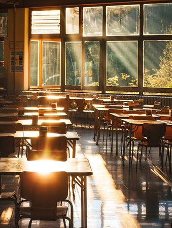 A warm and inviting classroom interior, with desks and chairs bathed in a golden glow from the sun's rays streaming through the windows, creating a cozy and inspiring atmosphereの素材