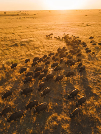 Herd of buffalo in the savannah at sunset, South Africaの素材