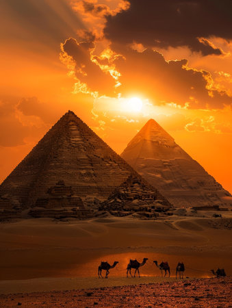 Camels tread through the golden dust at Giza, with the sun casting its last rays over the pyramids, creating a timeless sceneの素材
