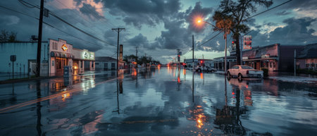 Twilight descends on an urban street transformed into a river by floodwaters, with the ambient glow of city lights reflecting on the water's surfaceの素材