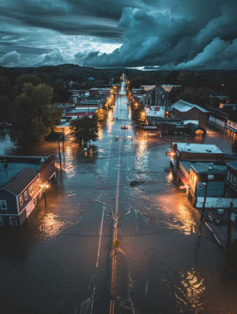 A stormy night casts heavy clouds over a flooded neighborhood, with emergency lights reflecting on the disturbed waters belowの素材