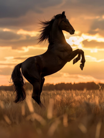 The profile of a horse is elegantly outlined against the radiant light of the setting sun in a serene countryside settingの素材