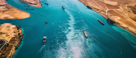 An aerial perspective of a busy canal, dotted with ships and framed by golden shores, emphasizing the bustle of maritime commerceの素材