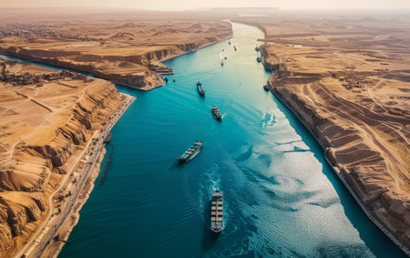 A panoramic aerial shot presents a bustling canal, lined with ships, carving through the landscape as a crucial maritime corridorの素材