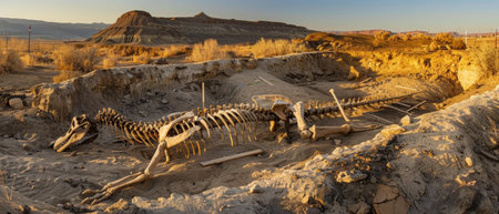 The ancient remains of a dinosaur rest amidst the rugged desert terrain, an iconic scene of paleontological research at dawnの素材