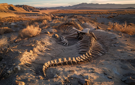 As dusk settles over the desert, the remnants of a prehistoric creature lie exposed after a meticulous archaeological excavationの素材