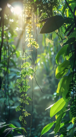 A close-up of rich green foliage climbing a tree trunk, illuminated by a soft, dappled sunlight filtering through the canopyの素材