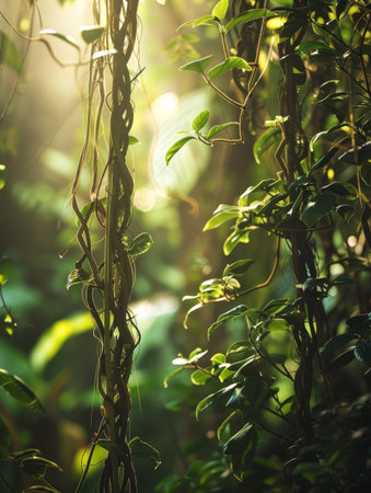 Morning light pierces the forest canopy, highlighting the intricate details of the climbing plants and leaves on a tree trunkの素材