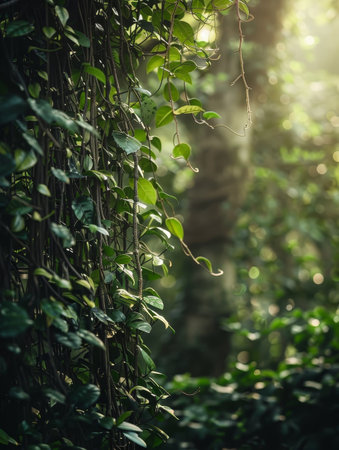 Morning light pierces the forest canopy, highlighting the intricate details of the climbing plants and leaves on a tree trunkの素材