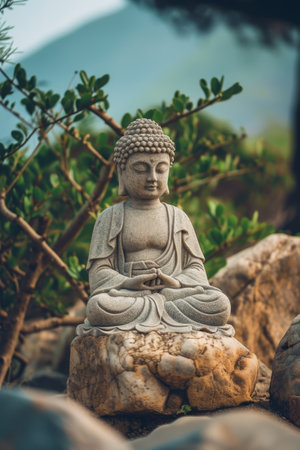 A statue of Buddha in a meditative pose, placed amidst nature with a untroubled faceの素材