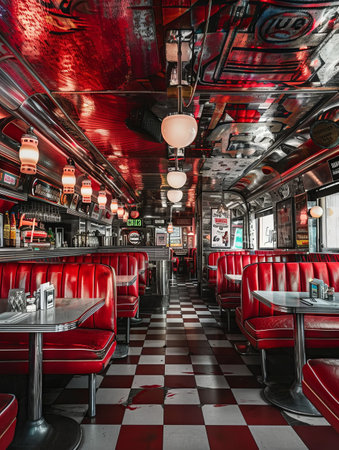 A vintage diner captures nostalgia with its red booths, checkerboard floor, and classic decor, bathed in a rich, moody atmosphereの素材