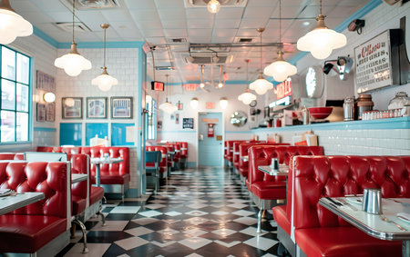 The warm, soft lighting complements the red diner seats and checkered flooring, creating a welcoming retro environmentの素材
