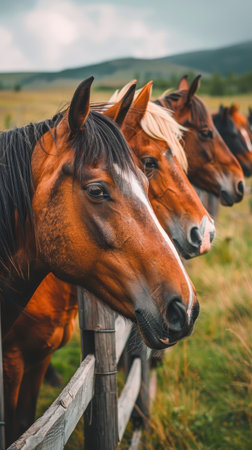 A group of horses peering curiously through the weathered wooden slats of a rustic fence, set against a picturesque mountain backdropの素材