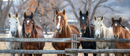 Close-up portraits of horses peering curiously through a weathered wooden fence, showing their soulful expressions and distinctive featuresの素材