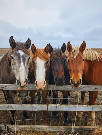 A herd of horses with an array of coat colors and patterns standing in a rural field, creating a visually striking and natural sceneの素材