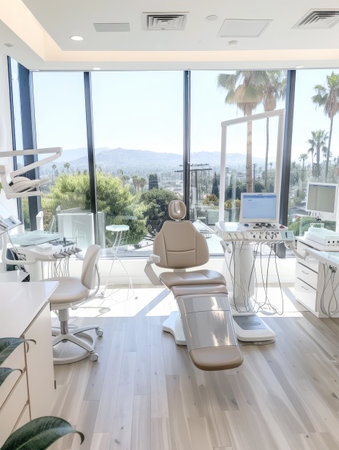 A contemporary dental clinic bathed in natural light, showcasing minimalist decor and offering a breathtaking city view, ensuring a relaxed patient experienceの素材