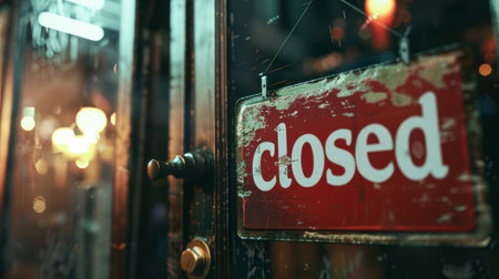 A weathered closed sign hangs on a glass door, reflecting the warm lights of the city at nightの素材