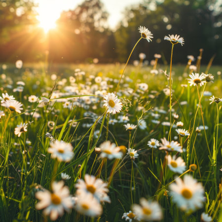 A sunlit field of daisies, capturing the essence of a serene and beautiful summer dayの素材