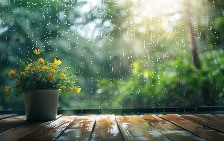 A cozy indoor scene showcases a potted yellow flower arrangement drenched in rain, with the sun's glow casting a hopeful ambianceの素材