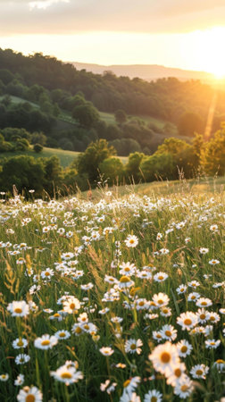 A stunning daisy-filled meadow is illuminated by the warm, golden light of the setting sun, casting a serene and tranquil atmosphere across the peaceful landscapeの素材